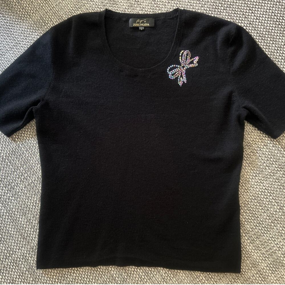 ZHENGDA 100% Cashmere Crewneck Short Sleeve Sequin Bow Embellished Sweater L